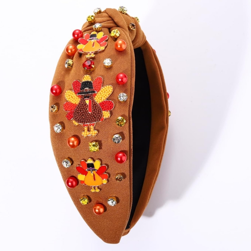 Thanksgiving Dinner Turkey Bead and Rhinestone Knotted Headband
